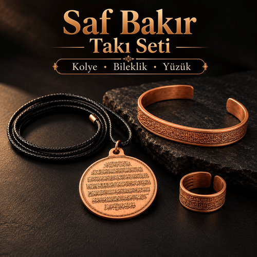 Ayetel Kürsi Bakır Bileklik Kolye Yüzük Seti - South Copper