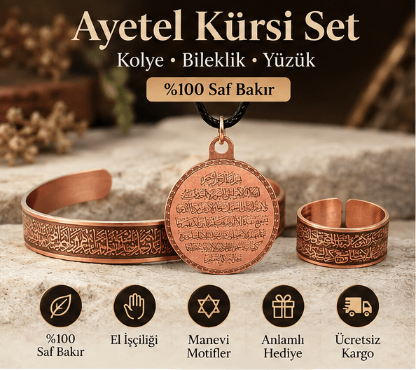 Ayetel Kürsi Bakır Bileklik Kolye Yüzük Seti - South Copper