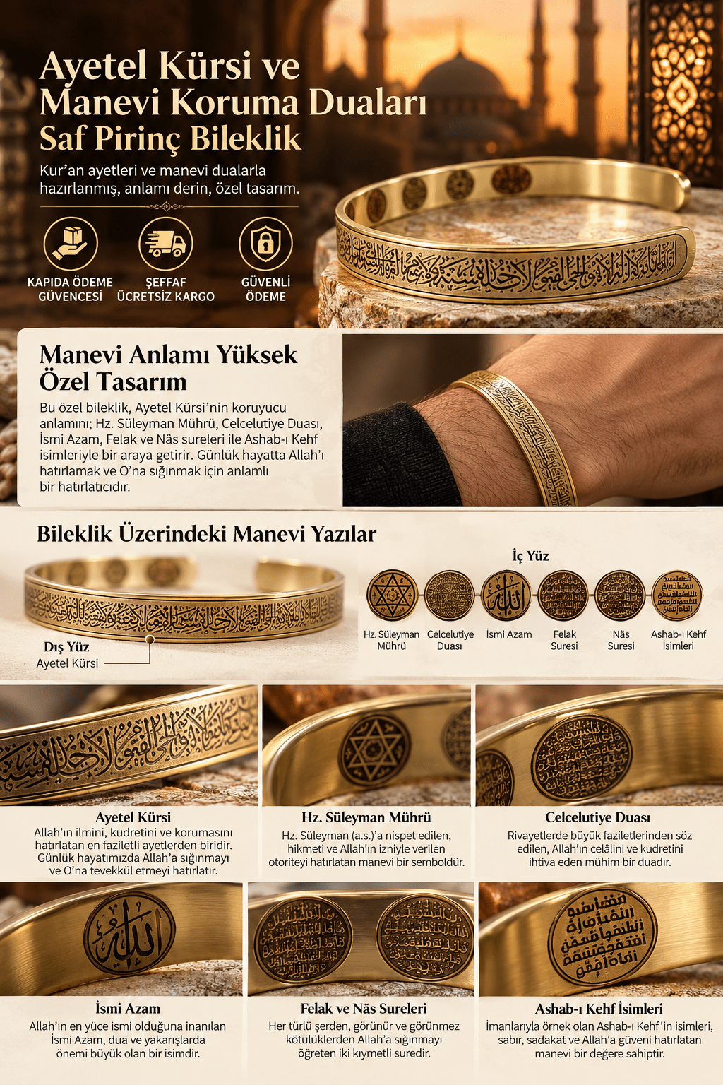 Ayetel Kürsi İçi Dualı Pirinç Bileklik - South Copper
